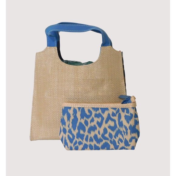 Estee Lauder Mini Tote Matching Small Bag Blue Beige Animal Print Woven Lined - Picture 1 of 6